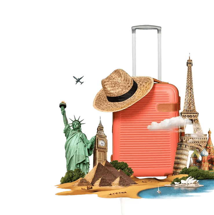 Suitcase and world landmarks